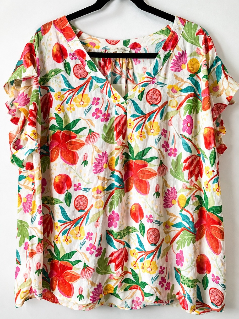 Bright Floral V-Neck Ruffle Sleeve Top - White Multi